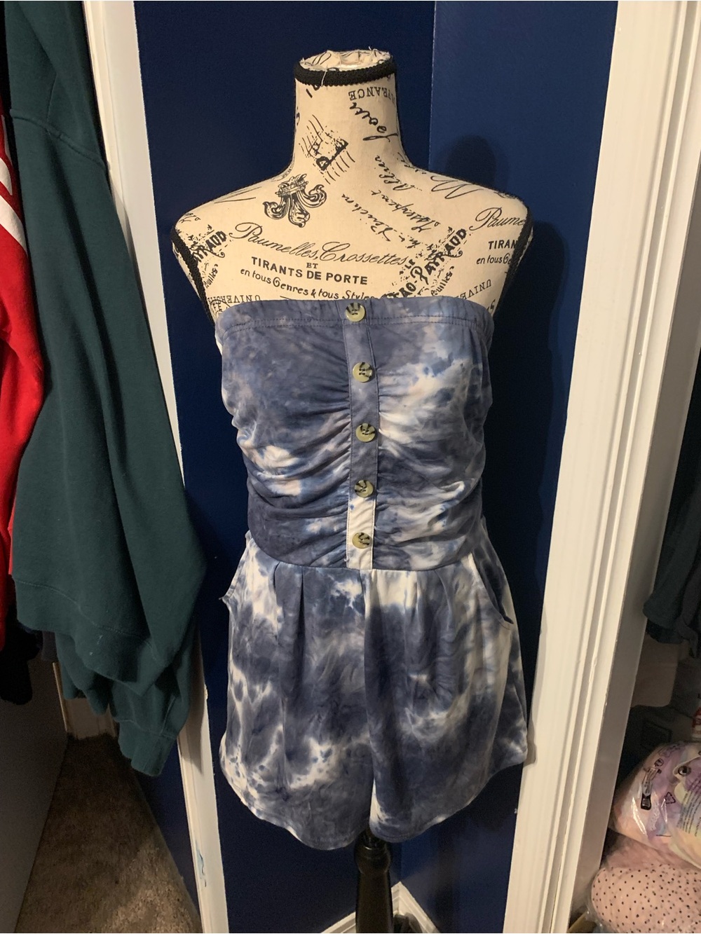 Forever 21 Blue and White Tie-Dye Strapless Romper